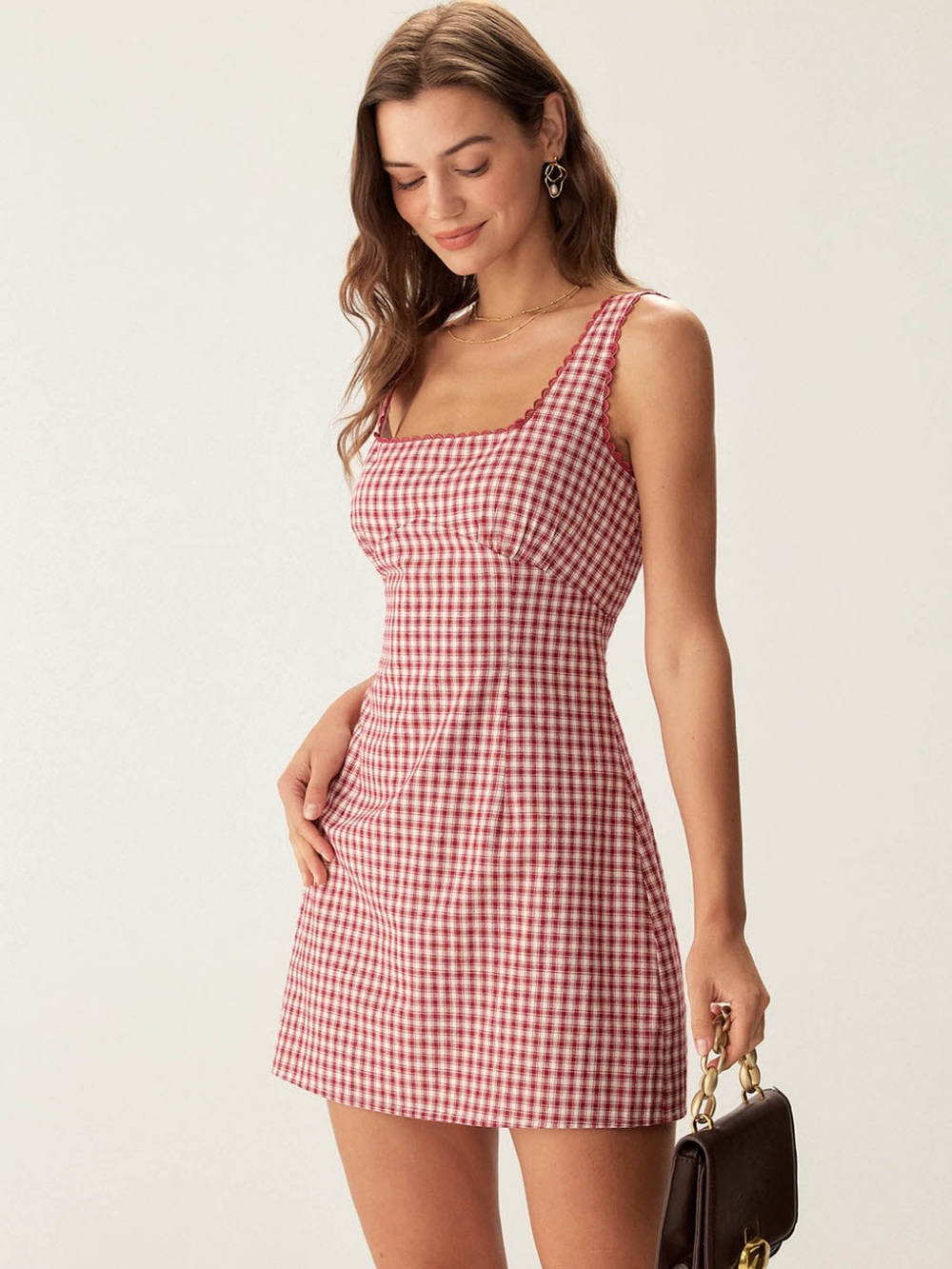 RIHOAS Red Gingham Square-Neck Mini Dress 100% Cotton